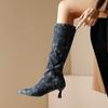 Fashion Blue Jeans Knee High Boots Women Shoes Spring Winter Point Denim Heels Long Boot Dance Party Shoes Female Large Size 44 46