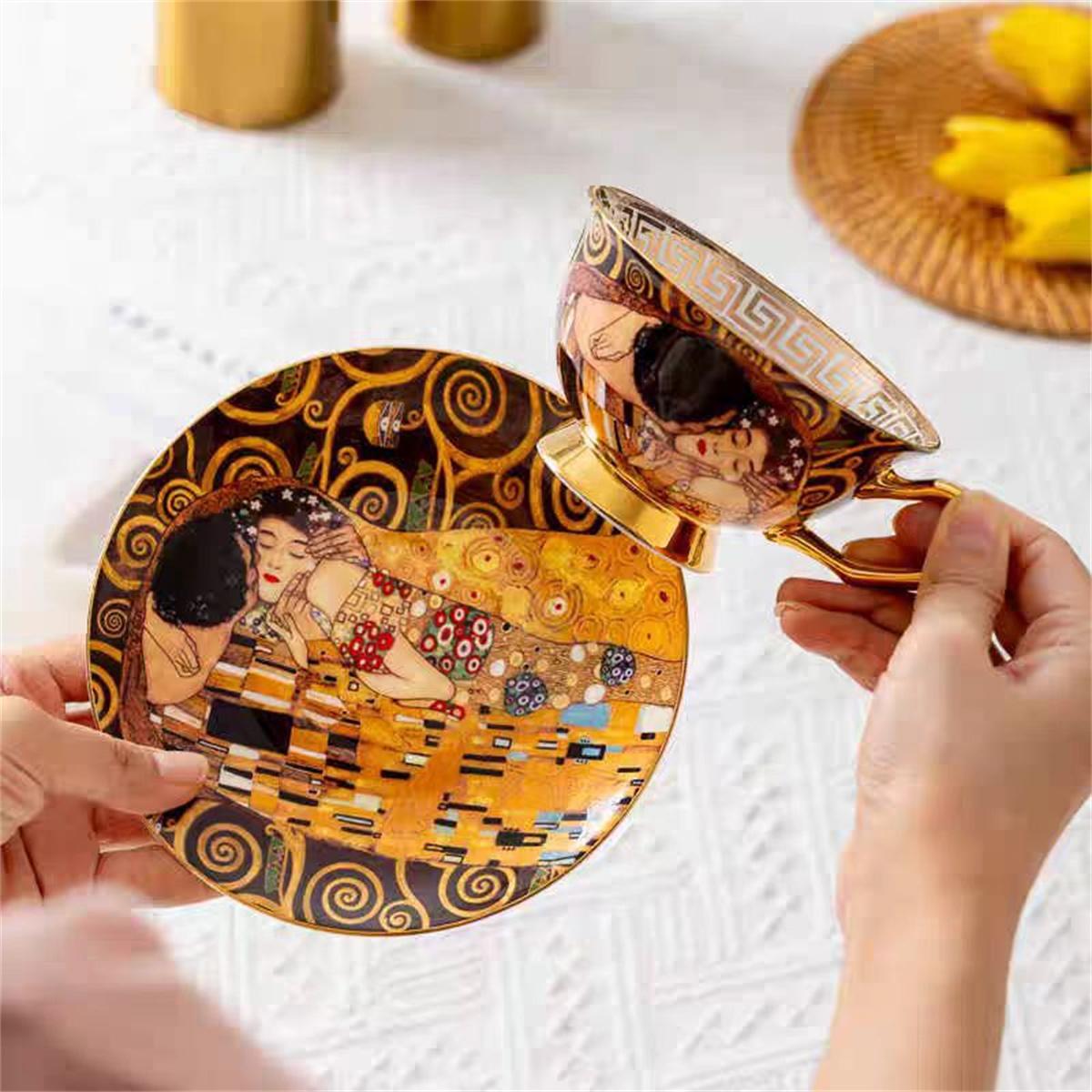 

European retro coffee cup and saucer set, featuring oil painting and gold detailing, elegant bone china, perfect for English aft