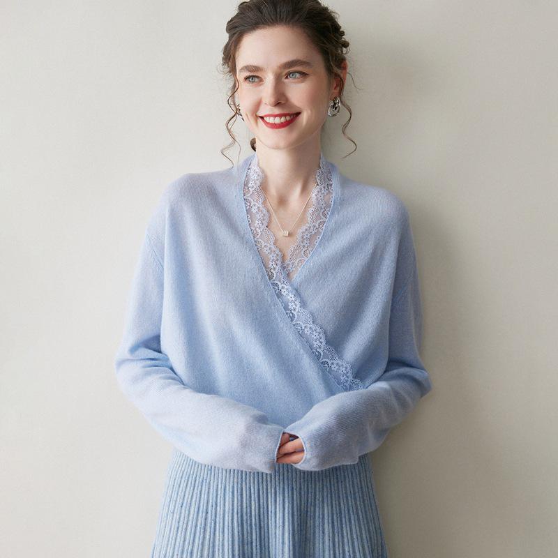 2026 Autumn/Winter Women's V-Neck Cashmere Lace Crossover Wool Sweater