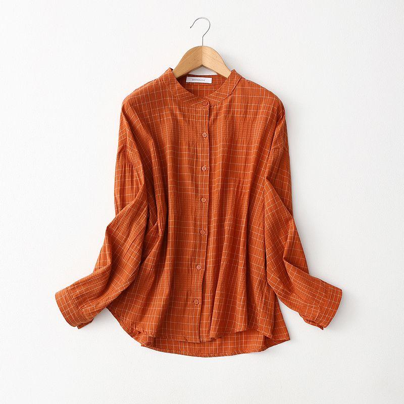 

Goods Tail Order! Plaid Breathable Mori Artistic Style Loose Tummy Hiding Slimming Thin Cotton Long Sleeves Shirt for Women Spring and Summer Orange One size
