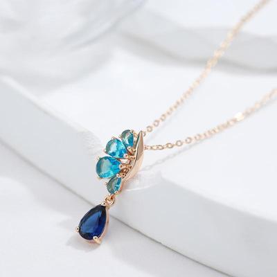 Tropfenform Blauer Zirkon Anhänger Damen Halskette Elegante Lange Kette Partyschmuck
