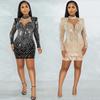 European Sexy Rhinestone See-through Mesh Deep V Party Dress for Women