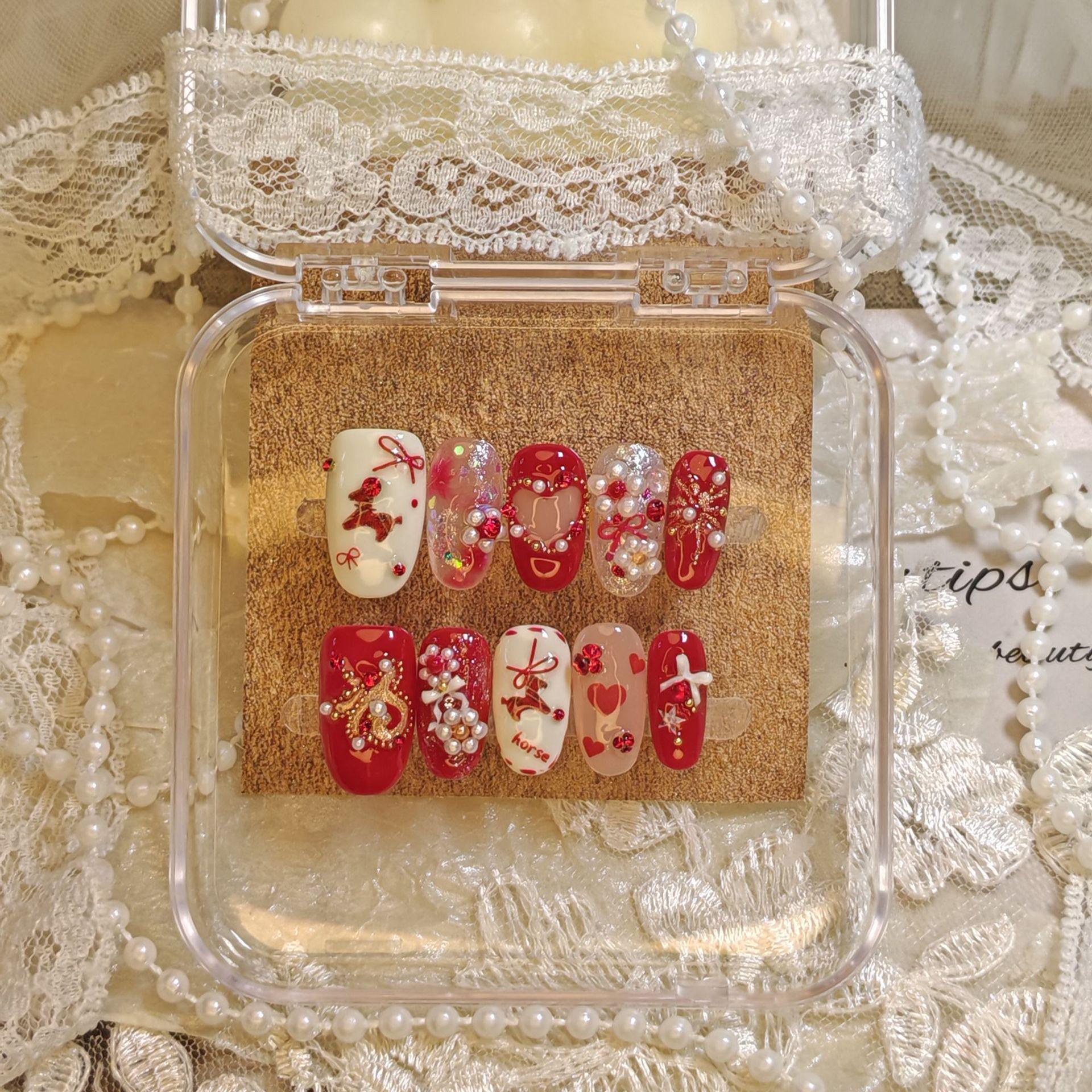 Red Cherry Heart Bow Year of the Horse Handmade Battle Armor Nails Short Oval - XS