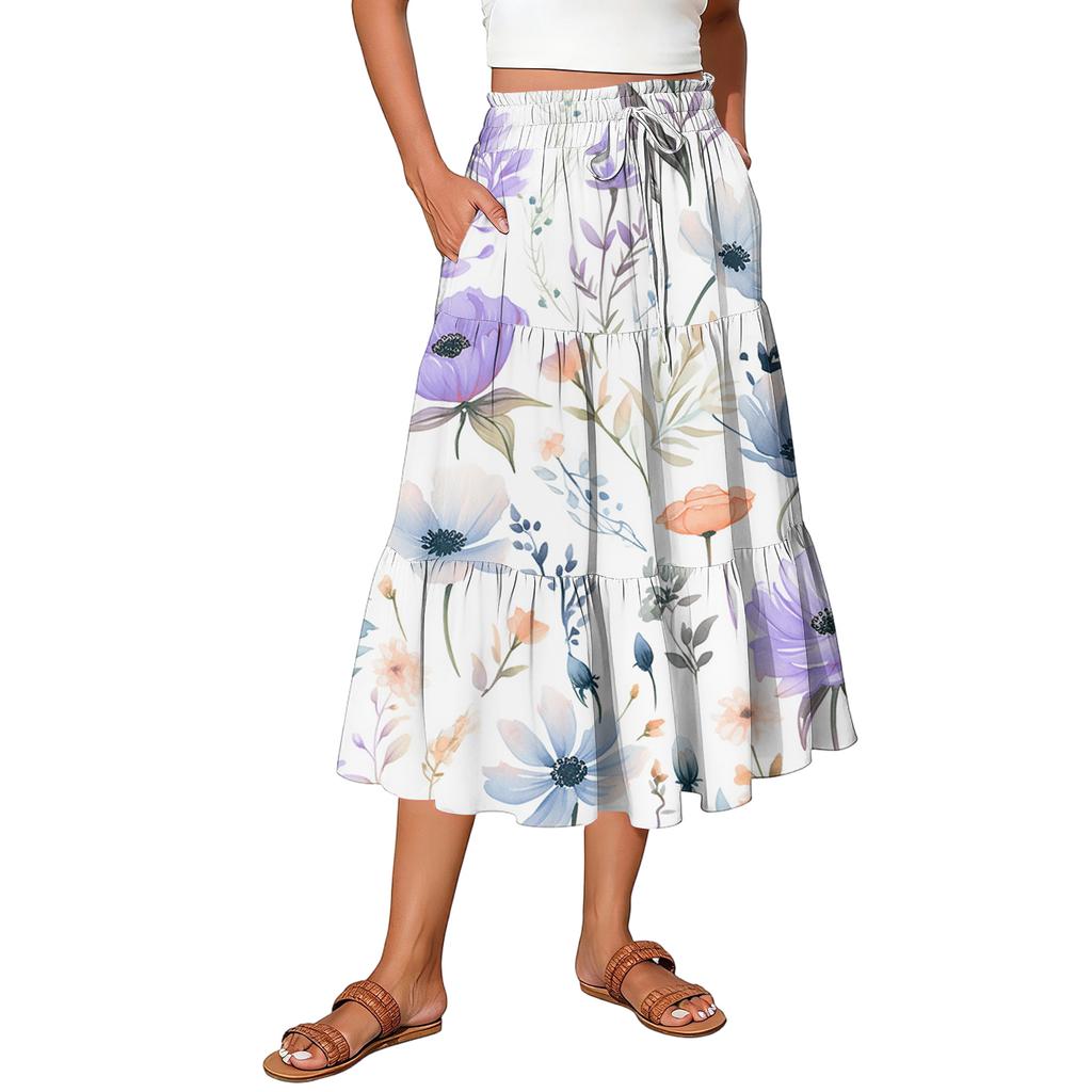 Womens Maxi Skirt Drawstring High Waisted Summer Long Skirts Lightweight Tiered Flowy Floral Pleated Skirts
