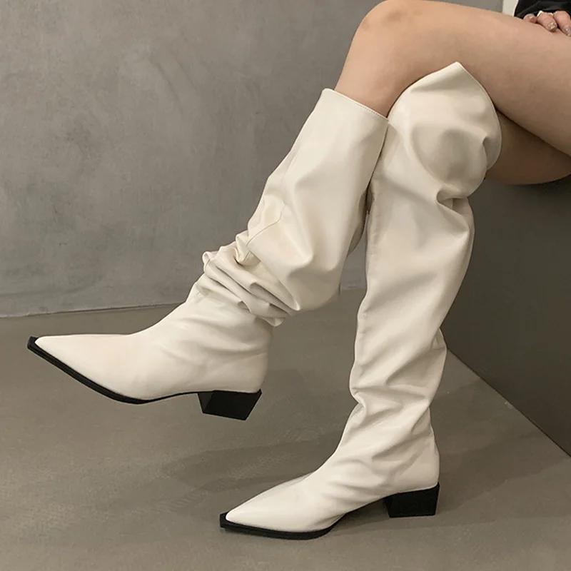 Bottes Longues Pointues pour Femmes Talons Moyens Chaussures de Créateur Hiver Cuir Bottines Chelsea Escarpins Marche Gothique Nouvelles Bottes