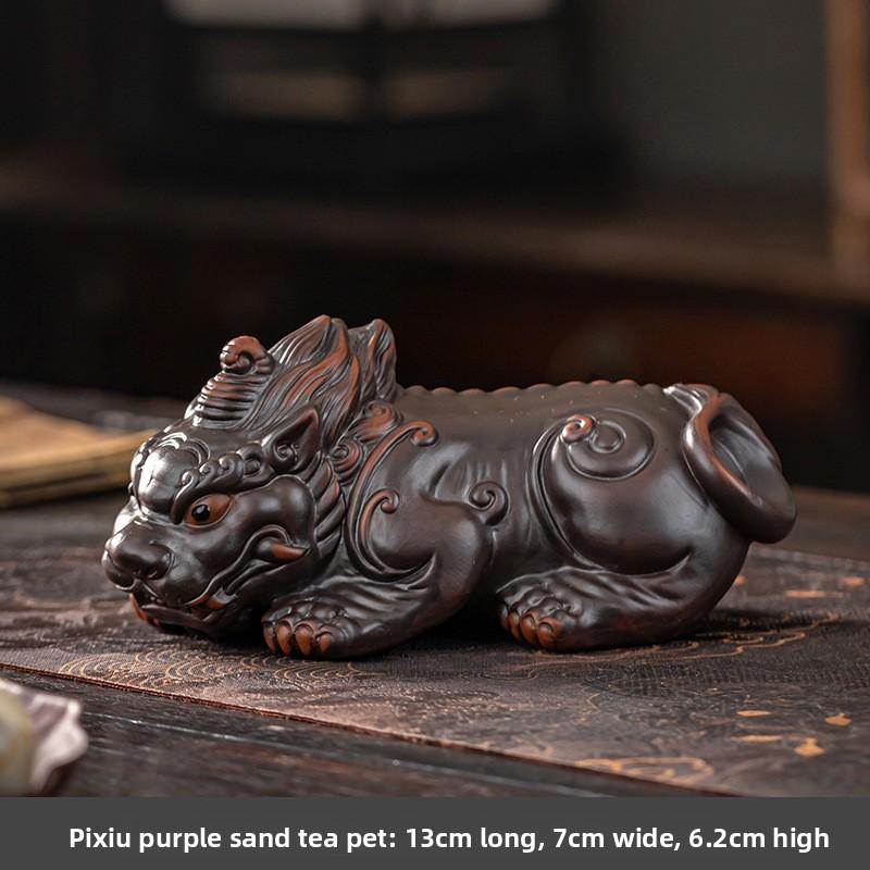 Purple Clay Pi Yao Tea Pet Pair Handcrafted Wealth Symbol Mythical Creature Tea Tray Ornament for Gongfu Tea Home Office Decor