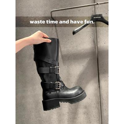 Shoe Height Increased by 6cm~ Three-dimensional Round Head Belt Buckle Thick-soled Thick-heeled Knight Boots