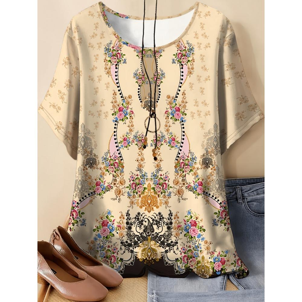 Vintage Paisley Graphics Women's Short Sleeve T-Shirt Ethnic Style O-Neck 3D Printed Top Tees Summer Loose Women's Clothing
