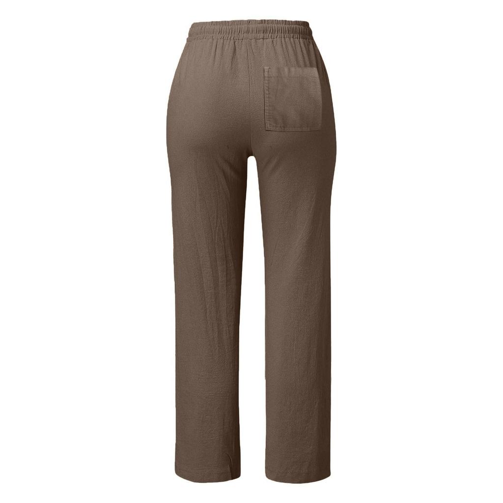 Women's Casual Color Cotton And Linen Wide Leg Pants With Elastic Waist Long Pants