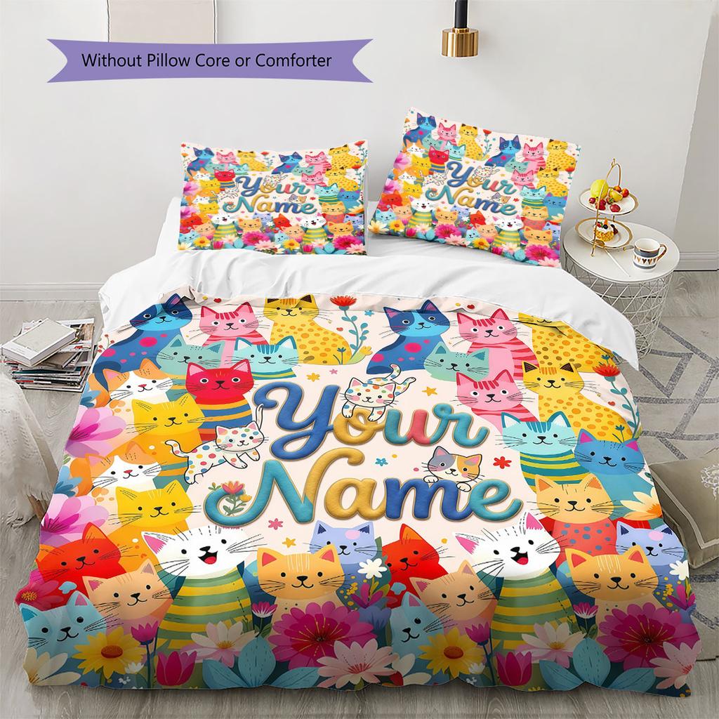 Custom Name,Cute Cartoon Cat Pattern Bedding Home Decoration Birthday Gift ( 1 duvet cover + 2 pillowcase, without core),fan merchandise.