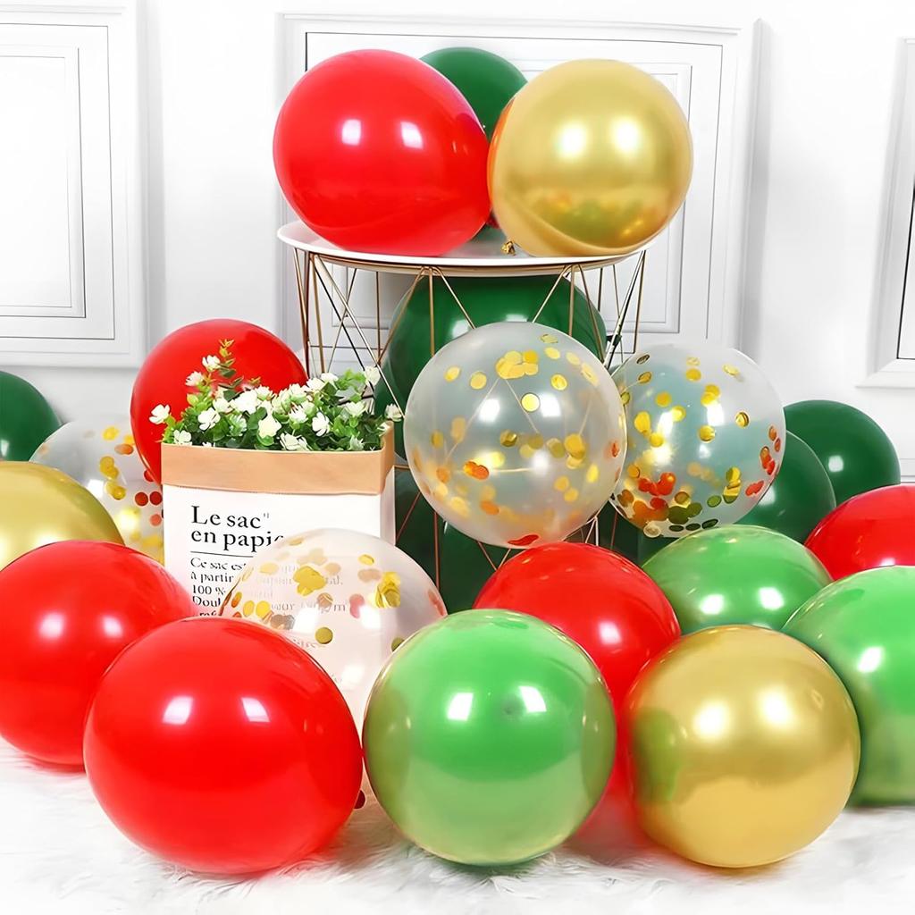 50pcs 12 inch red, green, white, metal, gold, confetti latex balloon kit for Christmas and birthday party decoration