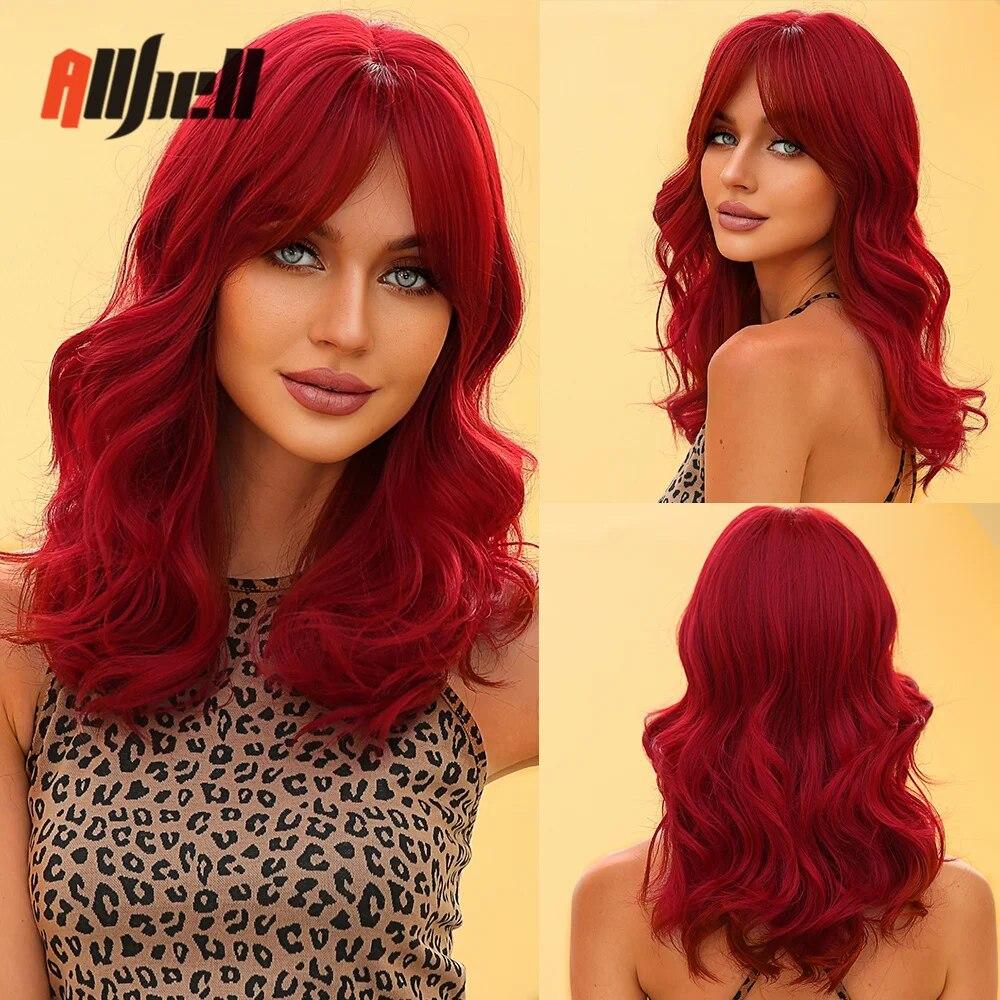 Shoulder Long Copper Ginger Wig Orange Synthetic Water Wave Wigs for Women Heat Resistant Daily Halloween Cosplay Wig with Bangs