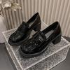 Spring and autumn square head black small leather shoes one-pedal loafers high heels 2025 new versatile bright leather women's single shoes