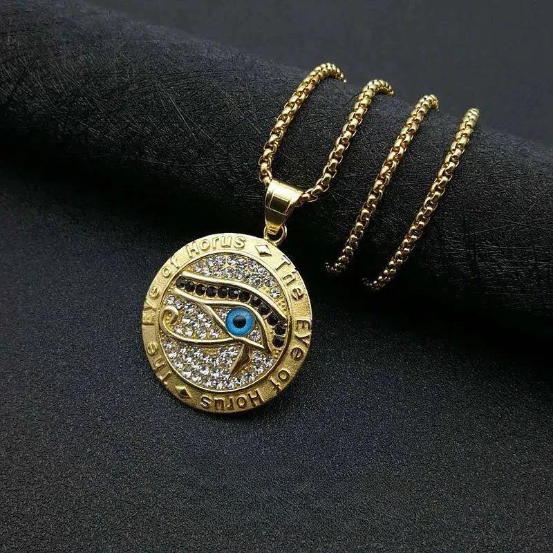 Ancient Egypt The Eye of Horus Pendant Gold Color Stainless Steel Round Necklace for Women Men Egyptian Fashion Jewelry Gift