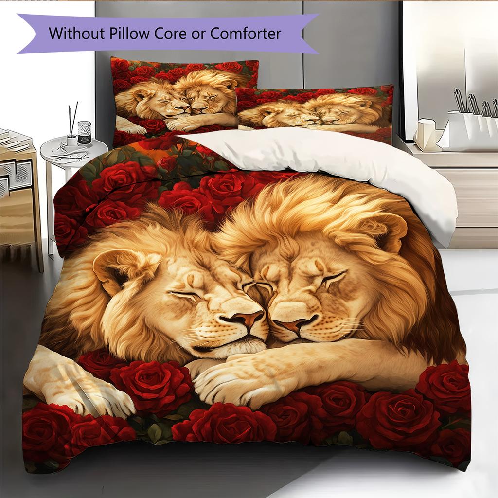 Lion and Rose Pattern Bedding Home Decoration Birthday Gift (1 * duvet cover + 2 * pillowcase, without core)
