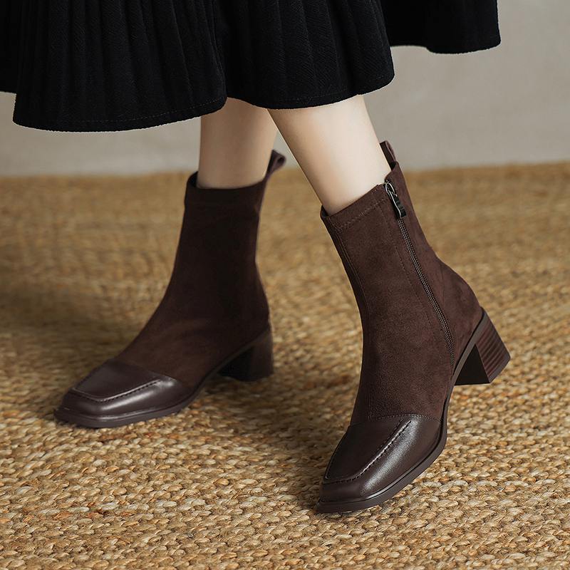 Krazing Pot Cow Skin Winter Square Toe Chelsea Boots Med Heels Zipper Women Flock Patch Work Ankle Boots