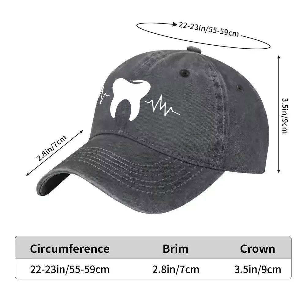 Dental ECG Heartbeat Tooth Graphic Washed Baseball Cap Adjustable Cotton Outdoor Sports Hat