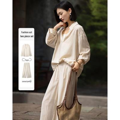 Demana Women's Spring Linen Blend V-neck Shirt & Wide-Leg Pants Set
