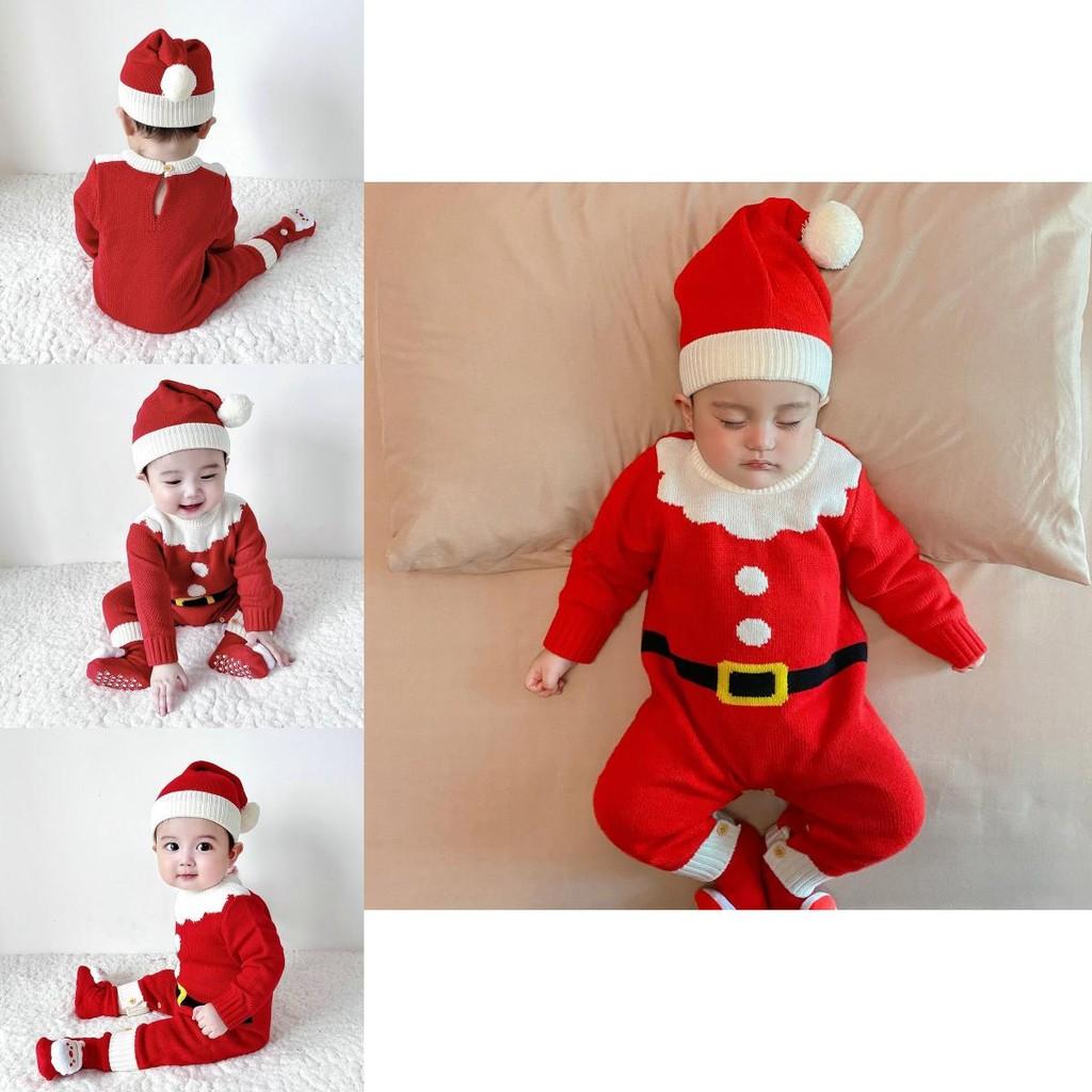 Adorable Christmas Baby Knitted Romper Jumpsuit Outfit W/ Santa Claus Sweater Hat