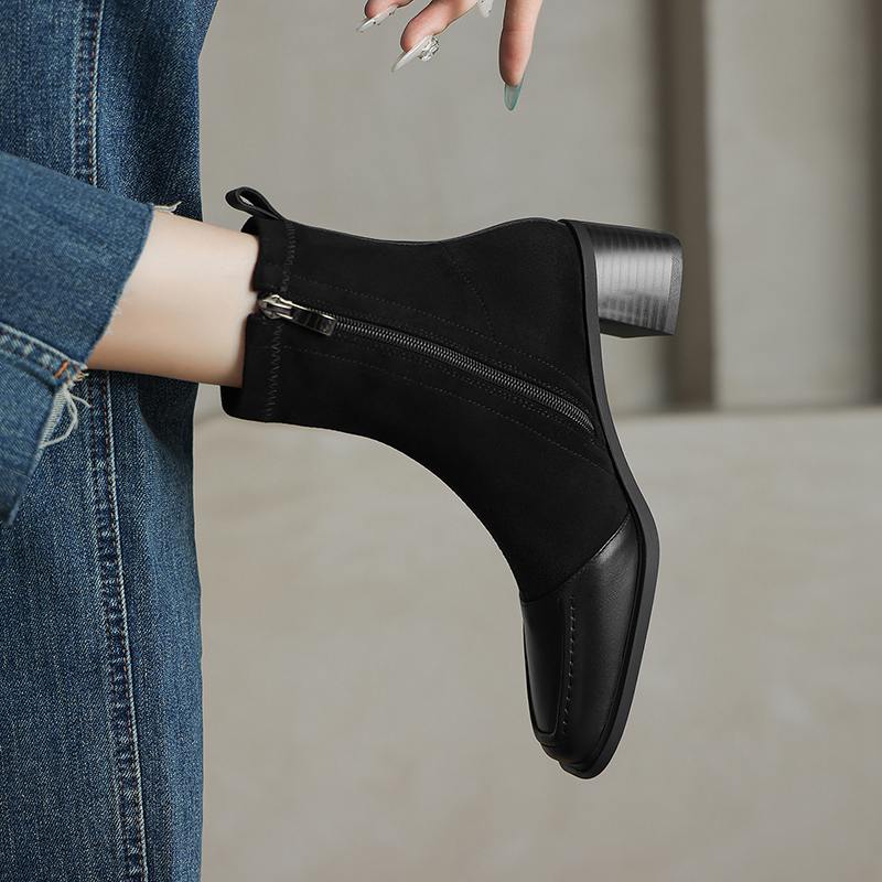 Krazing Pot Cow Skin Winter Square Toe Chelsea Boots Med Heels Zipper Women Flock Patch Work Ankle Boots