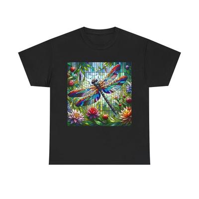Unisex Adult T Shirt Stained Glass Dragonfly Garden