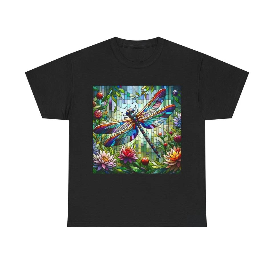 Unisex Adult T Shirt Stained Glass Dragonfly Garden M