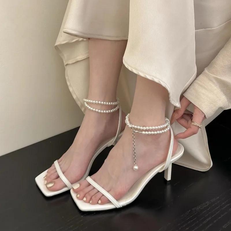 2025 Summer Thin Heels Women's Fashion Square Head High Heel Sandals All-Match Ankle Pearl Chain Luxury Party Heels Shoes