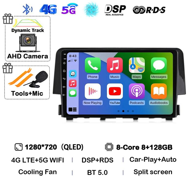 Android 14 Wireless Carplay Auto For Honda Civic 2016 2017 2018 2019 2020 Car Radio Stereo Multimedia Player GPS 4G+WIFI DSP