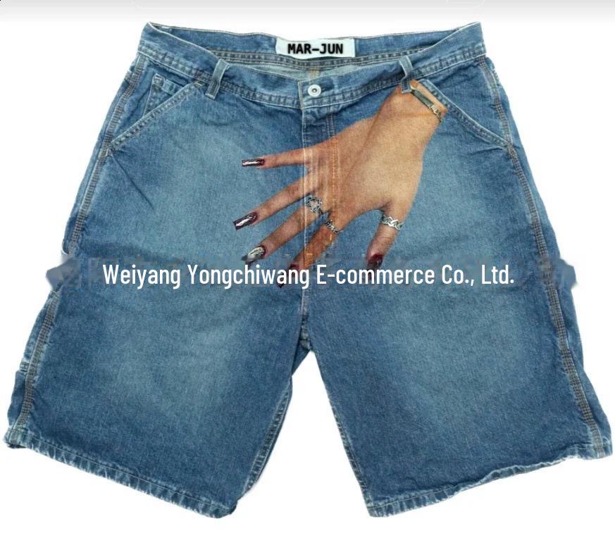 "Men's Y2K Hip-Hop Trend Pattern Denim Shorts - European and American High Street Fashion for Couples"