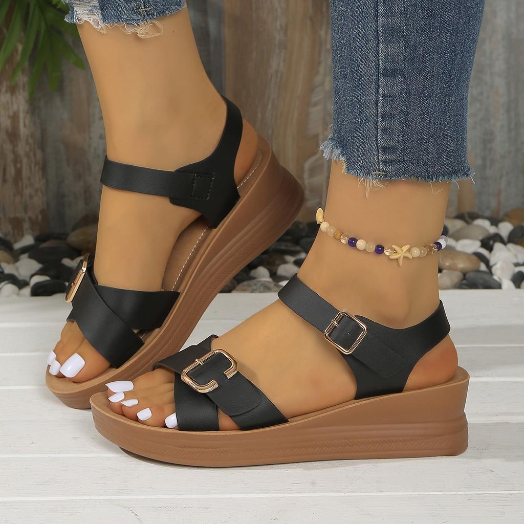 Slope heel Roman sandals women's summer new South East Asia outdoor leisure metal simple platform beach sandals