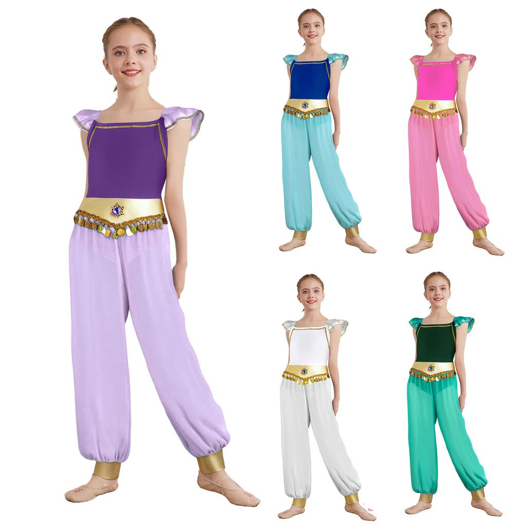 Girl Arabian Princess Costume Patchwork Flying Sleeves Rhinestone Sequins Tassels Side Slit Chiffon Pants