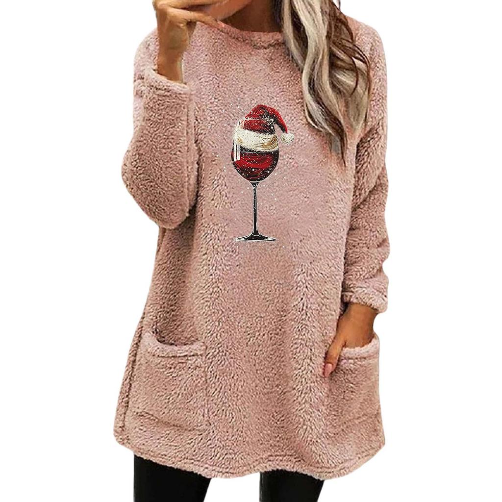 Women's Loose Long Sleeve Christmas Wine Glass Hat Print Fleece Hoodie