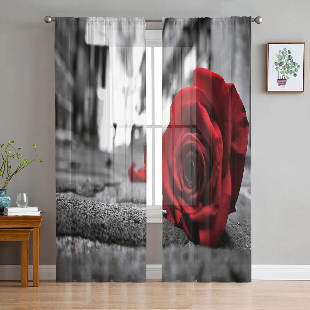 Blush Pink Rose Blossom Floral Bouquet Pure White Soft Tulle Transparent Drapes for Living Room Ornamentation Window Panel Curtain Ideal for Bedroom