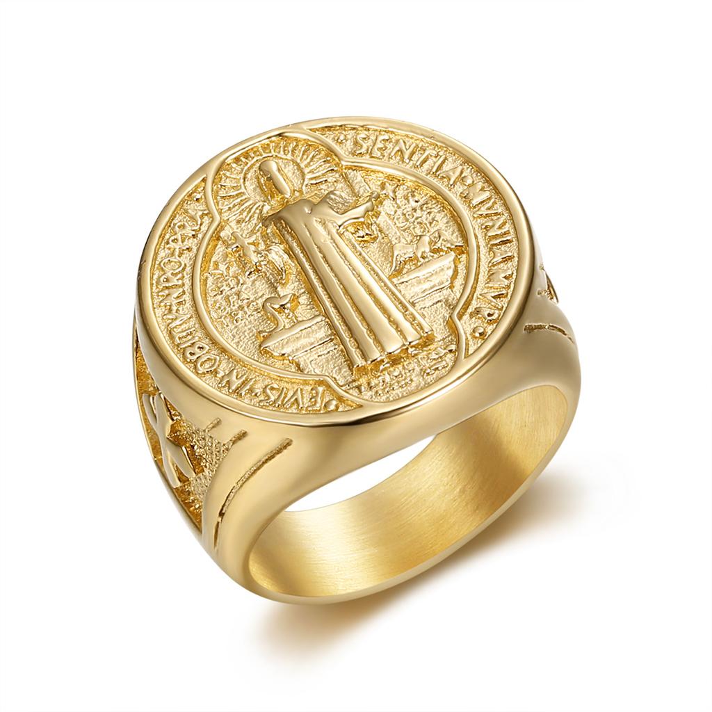 Hip Hop Dorato St. Anello Benedict in Acciaio al Titanio per Uomo Gioielli Religiosi alla Moda