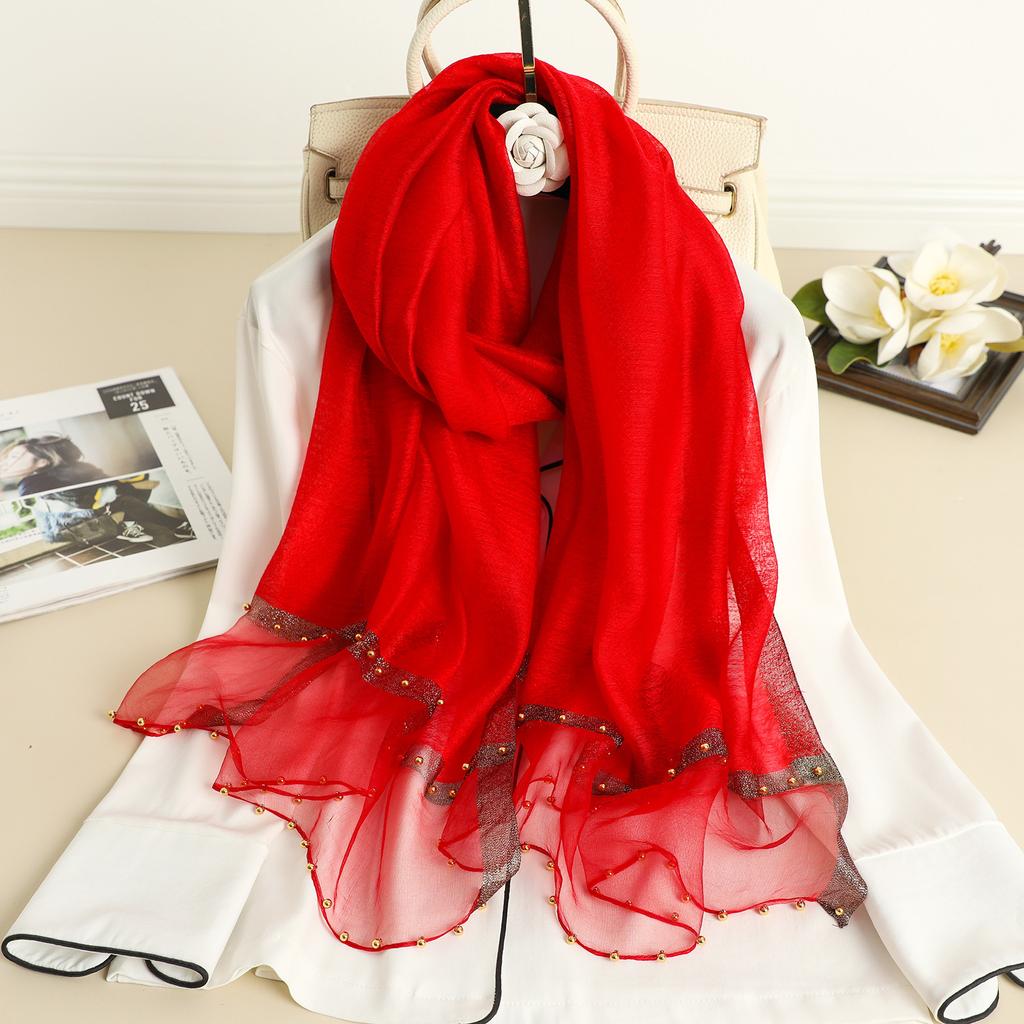 Solid Beading women scarf summer silk scarves lady shawl wrap hijab foulard female bandana pashmina Pearl jewel headband