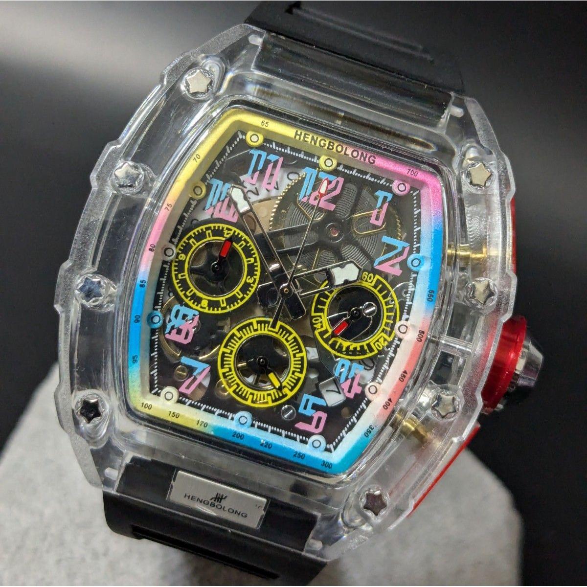Used New watch Richard Mille type quartz homage watch rubber tonneau skeleton chronograph rainbow