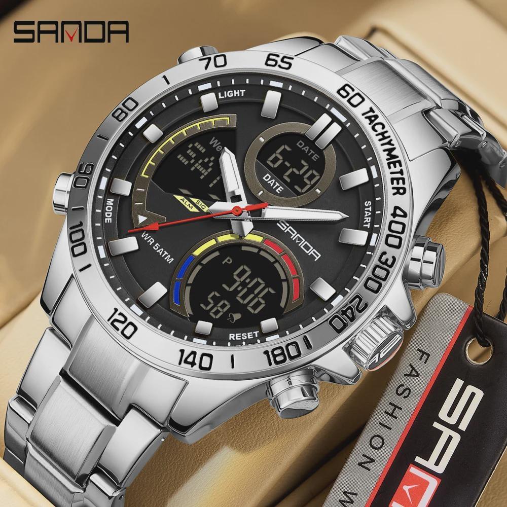 SANDA Electronic Cool Watch Waterproof Alarm Clock Multi Functional Stainless Steel Men's Fashion Quartz Watches