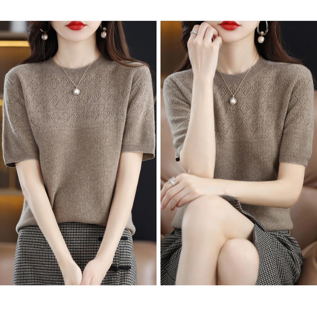 Women's Short Sleeved Knitted Sweater Round Neck Loose Thin Top