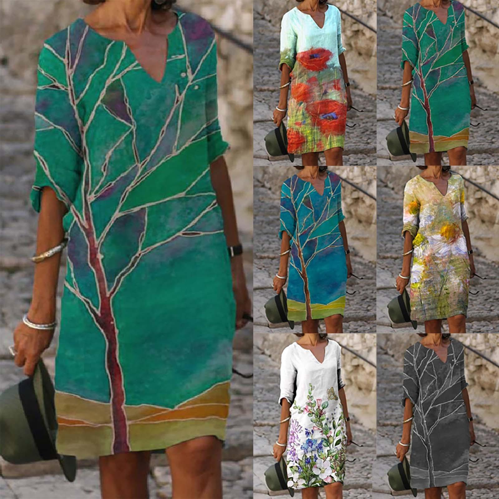 

Women s Casual Fashion Print V-neck Mid-sleeve Slim High-waisted Dress