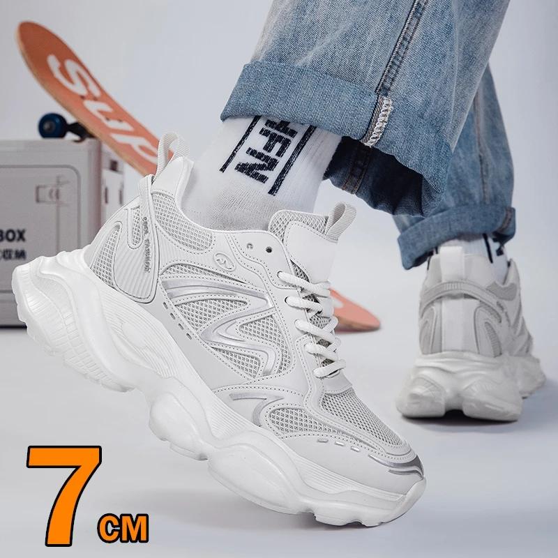 7cm Inner Height-Increasing Mesh Men's Thick Sole Dad Shoes Comfortable Breathable Chunky Elevator Sneakers Casual Lift Sports