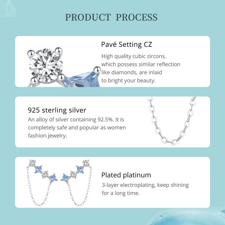 WOSTU 925 Sterling Silver Delicate  Blue and White Square Cubic Zirconia Chain Earrings for Women Jewelry Birthday Gift