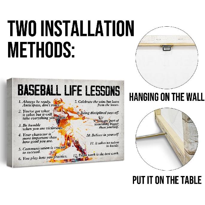 Hijie Baseball Poster Canvas Wall Art for Home Decor, Motivational Life Lessons Print Painting, Gifts for Men 12x15 Inch