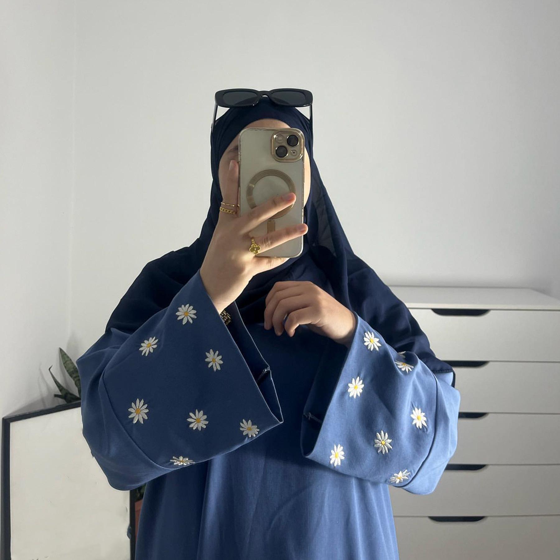 

Вышивка Мусульманское Скромное Платье Женское Ид Саудовская Аравия Дубай Абайя Вечеринка Джалабия Халат XXL синий