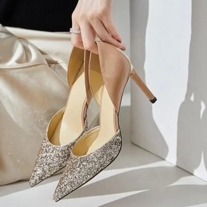 

Мода 2025 Лето Новый Стиль Мода Пайетки Ажурные Острый Носок Высокий Элегантные Банкетные Вечерние Женские Босоножки на Шпильке Zapatillas Mujer 34 чистый