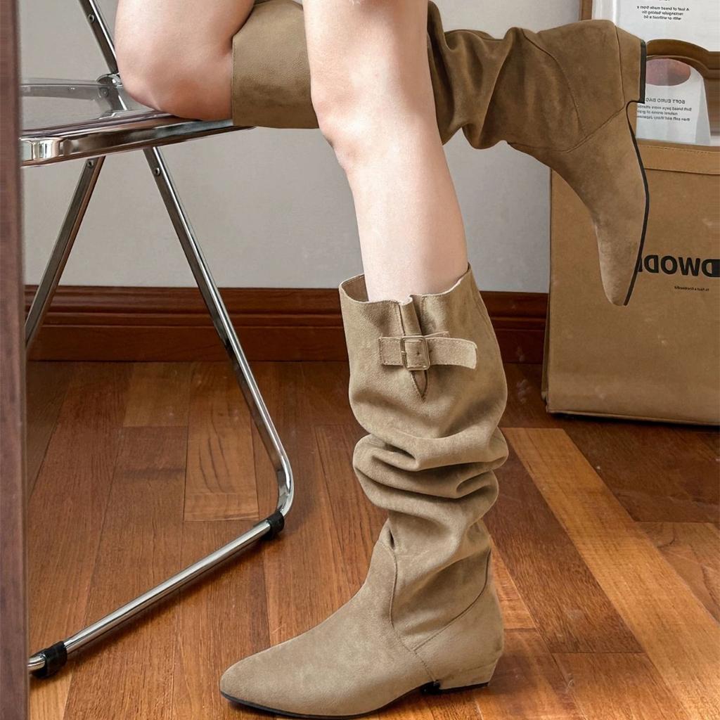 Retro Stacking Boots Women's 2025 New French Slim Tall Boots Thick Heel Suede Khaki Boots