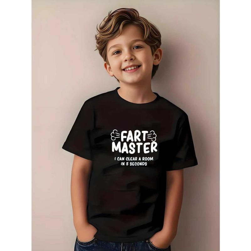 

European sizes Master of Fart Print Short-Sleeve T-Shirt for Boys, Casual Round-Neck Pullover Top, Summer Clothing for Kids 98cm чёрный