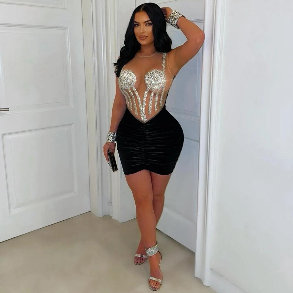 CY901108 European and American Women's Clothing Hot Diamond Mesh Stitching Velvet Hip-wrapped Short Sexy Dress