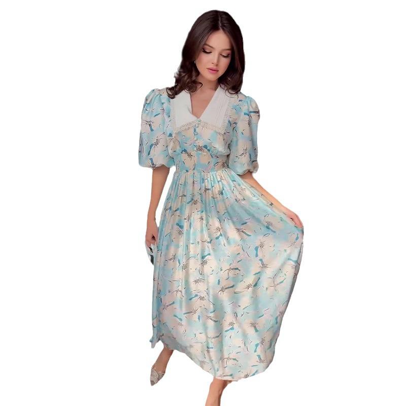 2024 Sommer Colorblock Puffärmel Revers Kleid - Europäische & Amerikanische Damenmode