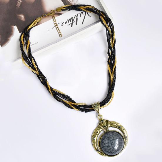 Round Unique Carved Bohemian Vintage Necklace Lady Multilayer Beads Chain Pendant Necklace