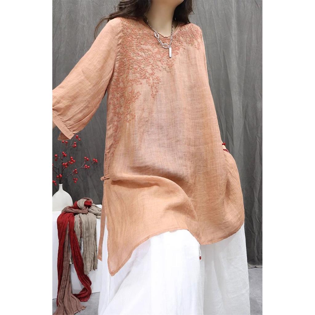 Spring/Summer Retro Embroidered Shirt Loose Literary Leisure Mid-length Women's Top